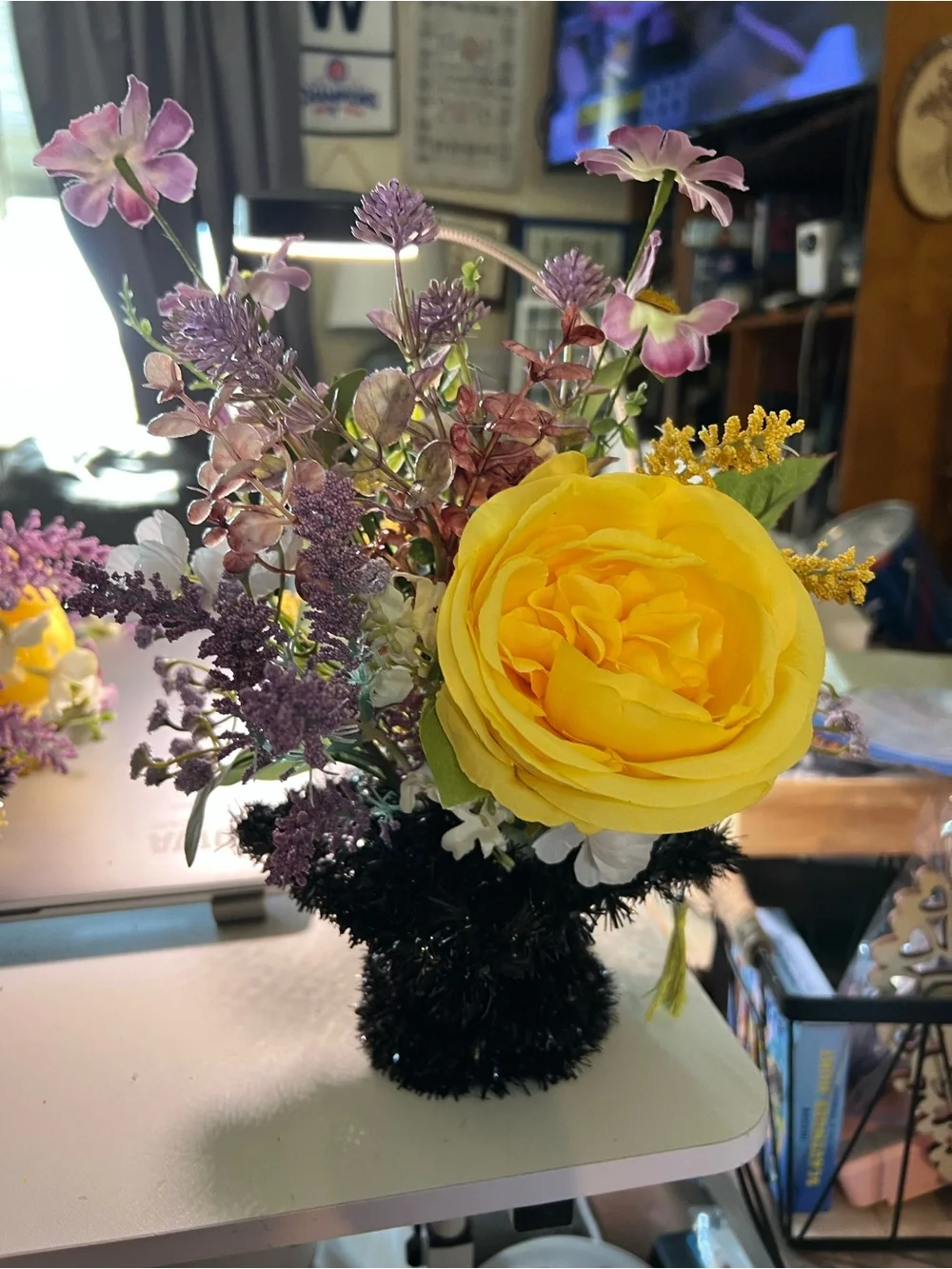 Yellow & Purple Faux Floral Arrangement - Decorative Centerpiece
